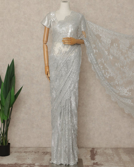 Silver Grey Premium French Metallic Chantilly Saree Lace With Stone Work 5.5 Meters x 110 Cms Width Elegant Embellished Net Fabric From France Unstitched Blouse Not Included-D28150