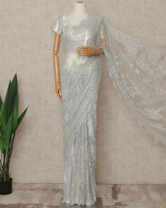 Silver Grey Premium French Metallic Chantilly Saree Lace With Stone Work 5.5 Meters x 110 Cms Width Elegant Embellished Net Fabric From France Unstitched Blouse Not Included-D28150