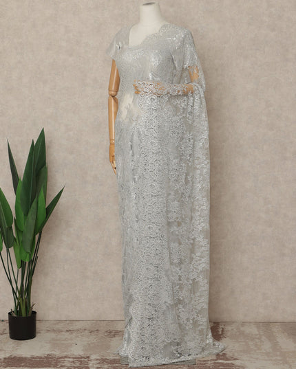 Silver Grey Premium French Metallic Chantilly Saree Lace With Stone Work 5.5 Meters x 110 Cms Width Elegant Embellished Net Fabric From France Unstitched Blouse Not Included-D28150