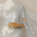 Silver Grey Premium French Metallic Chantilly Saree Lace With Stone Work 5.5 Meters x 110 Cms Width Elegant Embellished Net Fabric From France Unstitched Blouse Not Included-D28150