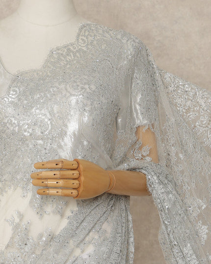 Silver Grey Premium French Metallic Chantilly Saree Lace With Stone Work 5.5 Meters x 110 Cms Width Elegant Embellished Net Fabric From France Unstitched Blouse Not Included-D28150