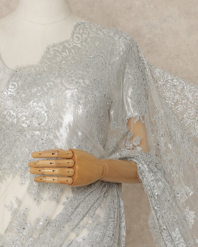 Silver Grey Premium French Metallic Chantilly Saree Lace With Stone Work 5.5 Meters x 110 Cms Width Elegant Embellished Net Fabric From France Unstitched Blouse Not Included-D28150