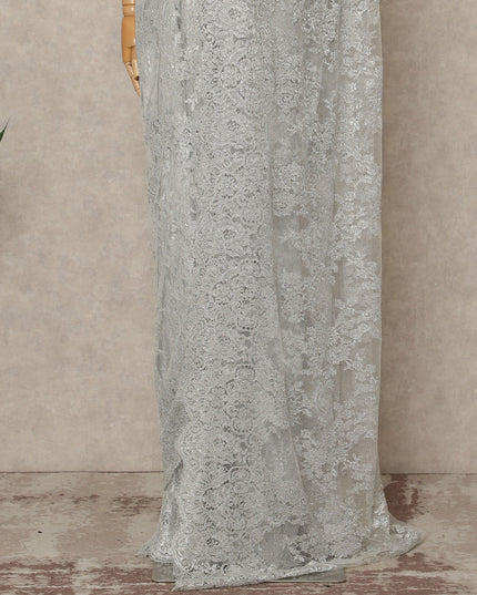 Silver Grey Premium French Metallic Chantilly Saree Lace With Stone Work 5.5 Meters x 110 Cms Width Elegant Embellished Net Fabric From France Unstitched Blouse Not Included-D28150