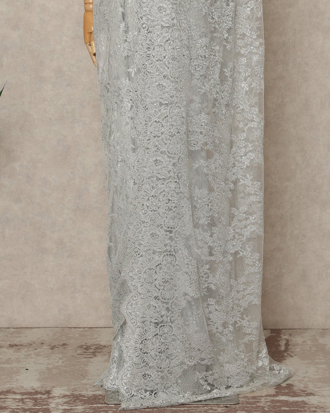Silver Grey Premium French Metallic Chantilly Saree Lace With Stone Work 5.5 Meters x 110 Cms Width Elegant Embellished Net Fabric From France Unstitched Blouse Not Included-D28150