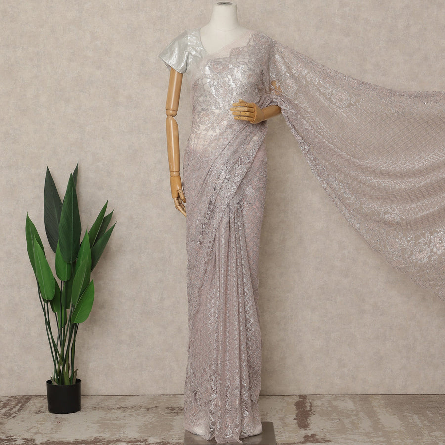 Soft Lavender Pink Premium French Metallic Chantilly Saree Lace with Stone Work 5.5 Mtrs Length, Width 110 Cms and Made in France-D27163