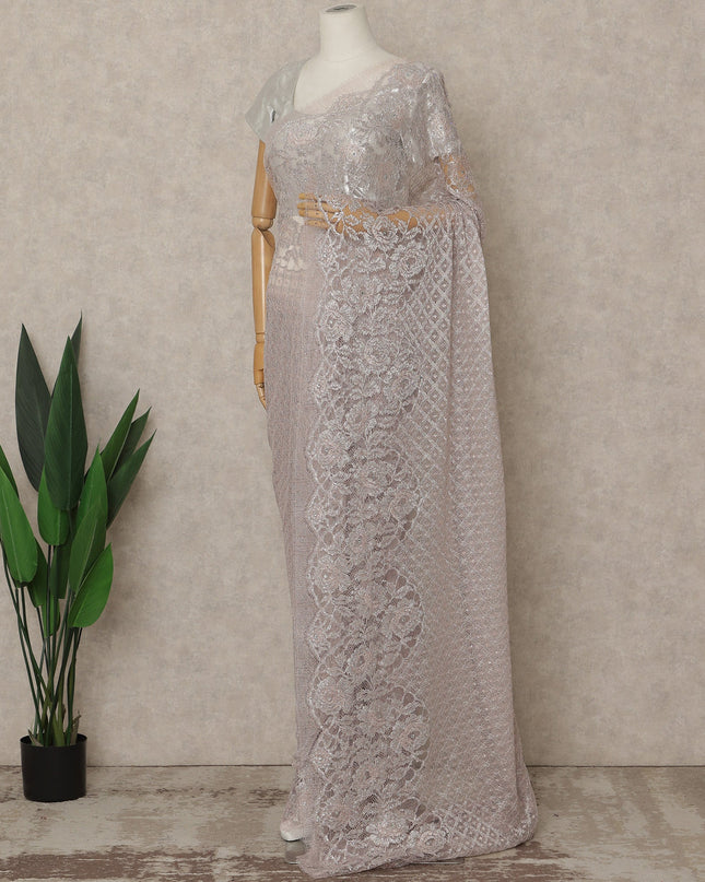 Soft Lavender Pink Premium French Metallic Chantilly Saree Lace with Stone Work 5.5 Mtrs Length, Width 110 Cms and Made in France-D27163