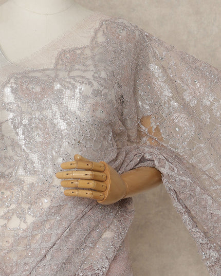 Soft Lavender Pink Premium French Metallic Chantilly Saree Lace with Stone Work 5.5 Mtrs Length, Width 110 Cms and Made in France-D27163