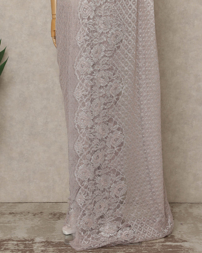 Soft Lavender Pink Premium French Metallic Chantilly Saree Lace with Stone Work 5.5 Mtrs Length, Width 110 Cms and Made in France-D27163