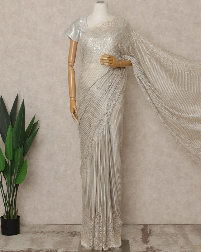 Champagne Silver Premium French Metallic Chantilly Saree Lace with Stone Work 5.5 Mtrs Length, Width 110 Cms and Made in France-D27169