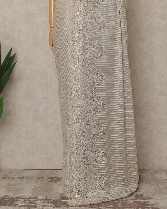 Champagne Silver Premium French Metallic Chantilly Saree Lace with Stone Work 5.5 Mtrs Length, Width 110 Cms and Made in France-D27169