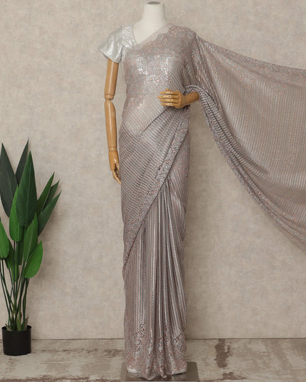 Silver Rose Pink Metallic Premium French Chantilly Saree Lace with Stone Work 5.5 Mtrs Length, Width 110 Cms and Made in France-D27168