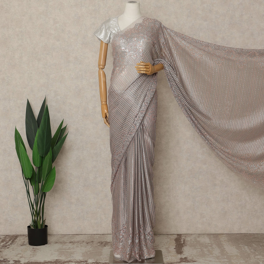 Silver Rose Pink Metallic Premium French Chantilly Saree Lace with Stone Work 5.5 Mtrs Length, Width 110 Cms and Made in France-D27168