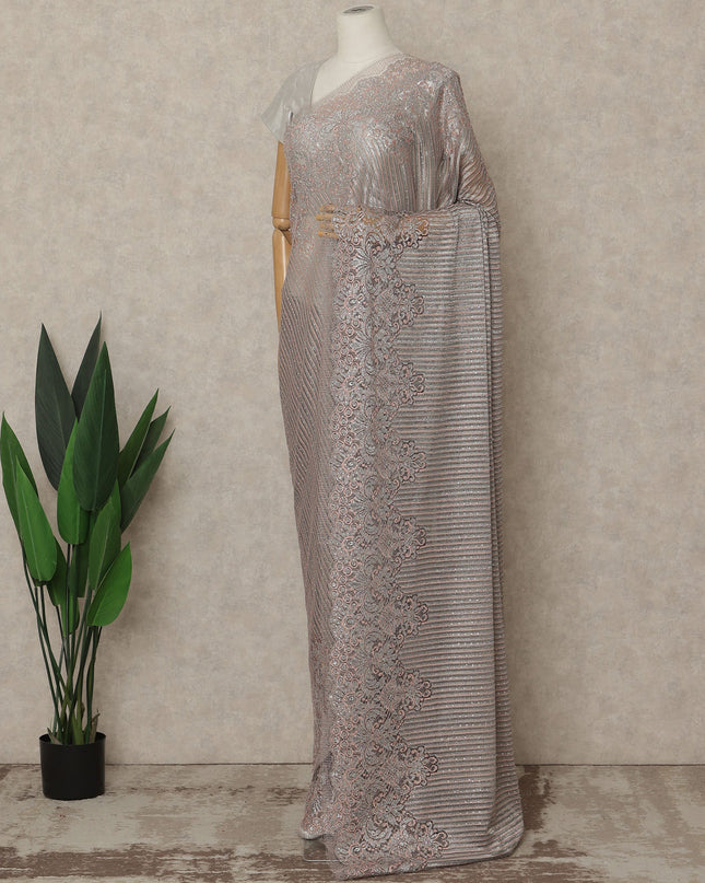 Silver Rose Pink Metallic Premium French Chantilly Saree Lace with Stone Work 5.5 Mtrs Length, Width 110 Cms and Made in France-D27168