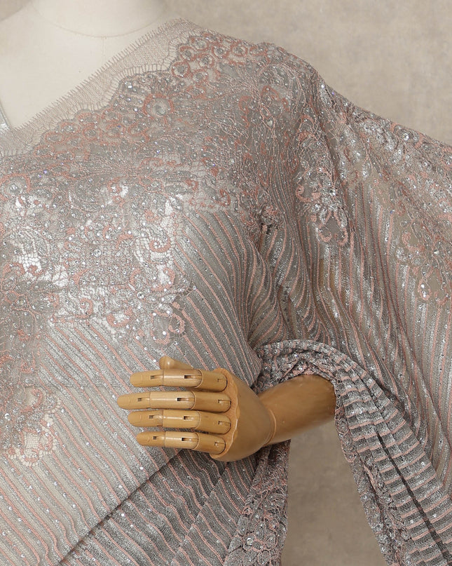 Silver Rose Pink Metallic Premium French Chantilly Saree Lace with Stone Work 5.5 Mtrs Length, Width 110 Cms and Made in France-D27168