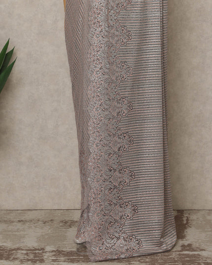 Silver Rose Pink Metallic Premium French Chantilly Saree Lace with Stone Work 5.5 Mtrs Length, Width 110 Cms and Made in France-D27168