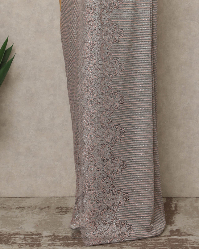 Silver Rose Pink Metallic Premium French Chantilly Saree Lace with Stone Work 5.5 Mtrs Length, Width 110 Cms and Made in France-D27168