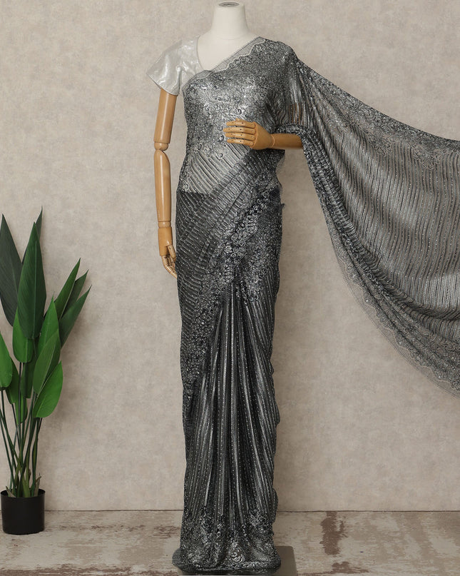 Black Grey Premium French Metallic Chantilly Saree Lace with Stone Work 5.5 Mtrs Length, Width 110 Cms and Made in France-D27170