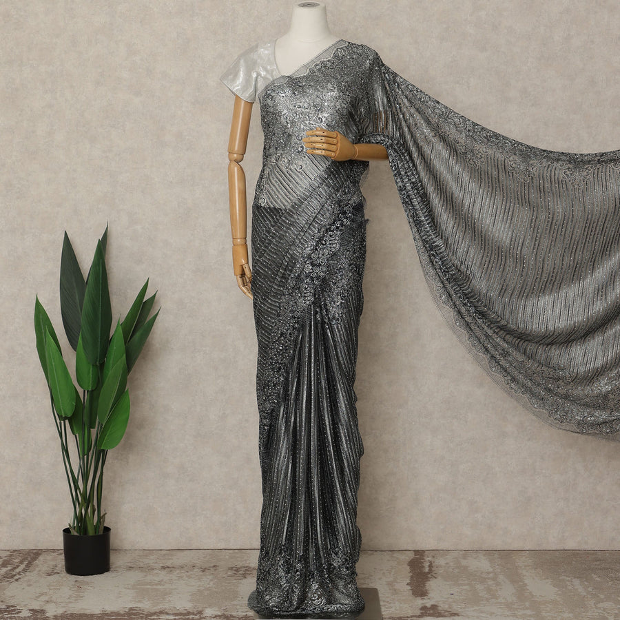 Black Grey Premium French Metallic Chantilly Saree Lace with Stone Work 5.5 Mtrs Length, Width 110 Cms and Made in France-D27170