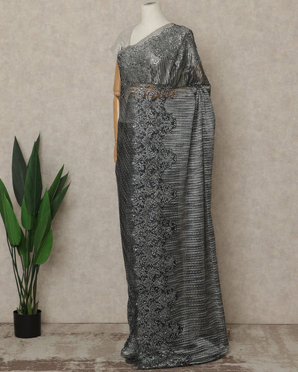 Black Grey Premium French Metallic Chantilly Saree Lace with Stone Work 5.5 Mtrs Length, Width 110 Cms and Made in France-D27170