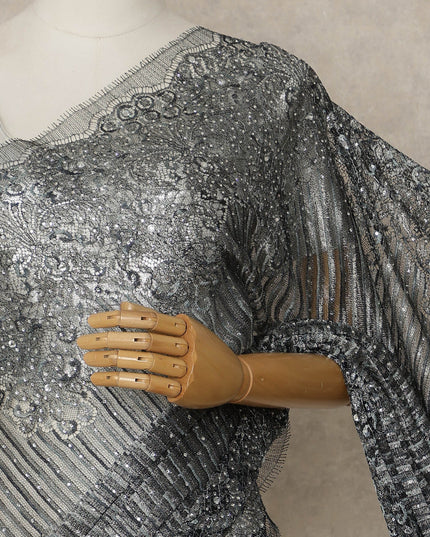 Black Grey Premium French Metallic Chantilly Saree Lace with Stone Work 5.5 Mtrs Length, Width 110 Cms and Made in France-D27170