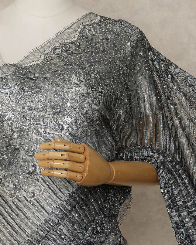 Black Grey Premium French Metallic Chantilly Saree Lace with Stone Work 5.5 Mtrs Length, Width 110 Cms and Made in France-D27170