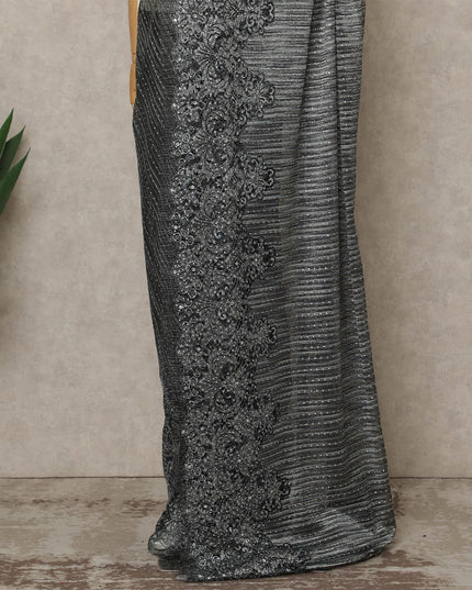 Black Grey Premium French Metallic Chantilly Saree Lace with Stone Work 5.5 Mtrs Length, Width 110 Cms and Made in France-D27170