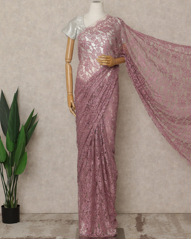 Dusty Rose Pink Premium French Chantilly Saree Lace with Stone Work 5.5 Mtrs Length, Width 110 Cms and Made in France-D27159