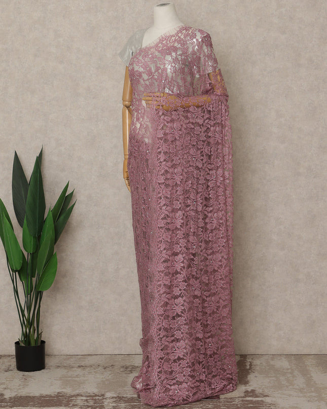 Dusty Rose Pink Premium French Chantilly Saree Lace with Stone Work 5.5 Mtrs Length, Width 110 Cms and Made in France-D27159