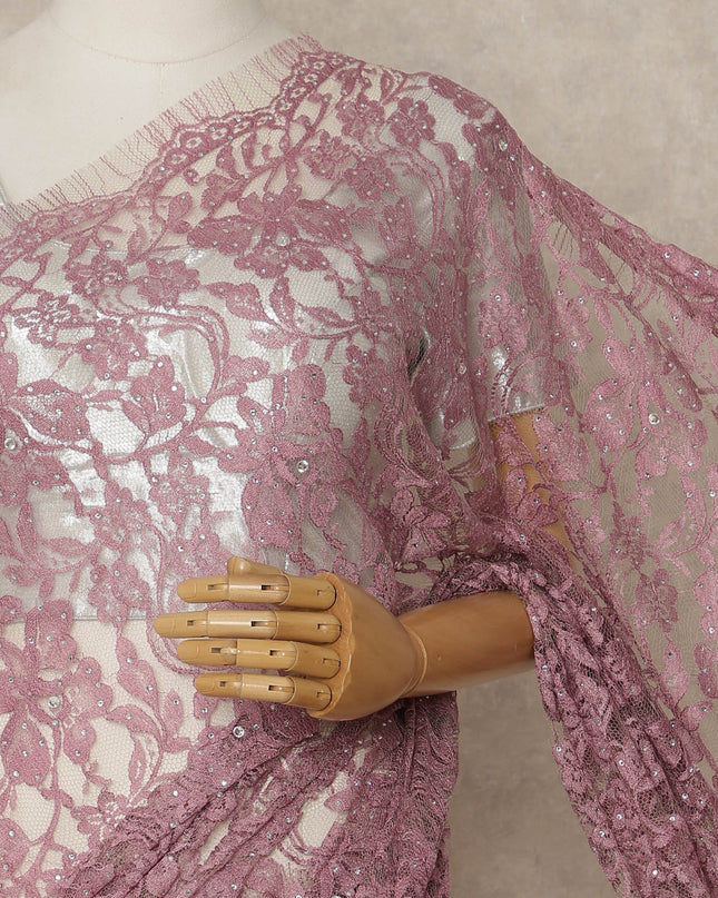 Dusty Rose Pink Premium French Chantilly Saree Lace with Stone Work 5.5 Mtrs Length, Width 110 Cms and Made in France-D27159