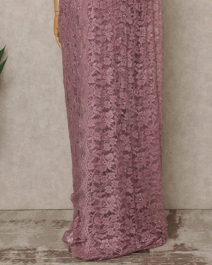 Dusty Rose Pink Premium French Chantilly Saree Lace with Stone Work 5.5 Mtrs Length, Width 110 Cms and Made in France-D27159