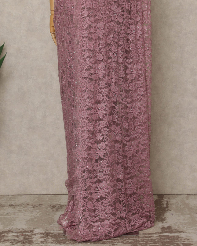 Dusty Rose Pink Premium French Chantilly Saree Lace with Stone Work 5.5 Mtrs Length, Width 110 Cms and Made in France-D27159