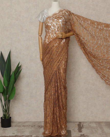 Brown Premium French Chantilly Saree Lace with Stone Work 5.5 Mtrs Length, Width 110 Cms and Made in France-D27156