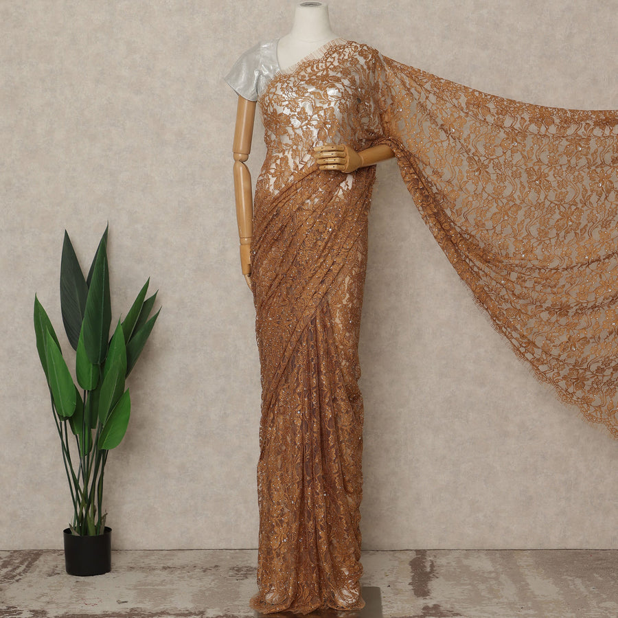 Brown Premium French Chantilly Saree Lace with Stone Work 5.5 Mtrs Length, Width 110 Cms and Made in France-D27156