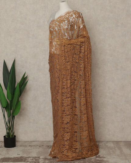 Brown Premium French Chantilly Saree Lace with Stone Work 5.5 Mtrs Length, Width 110 Cms and Made in France-D27156