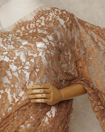 Brown Premium French Chantilly Saree Lace with Stone Work 5.5 Mtrs Length, Width 110 Cms and Made in France-D27156