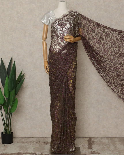 Wine Purple Premium French Chantilly Saree Lace with Stone Work 5.5 Mtrs Length, Width 110 Cms and Made in France-D27157