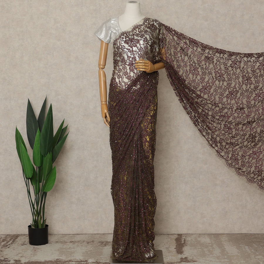 Wine Purple Premium French Chantilly Saree Lace with Stone Work 5.5 Mtrs Length, Width 110 Cms and Made in France-D27157