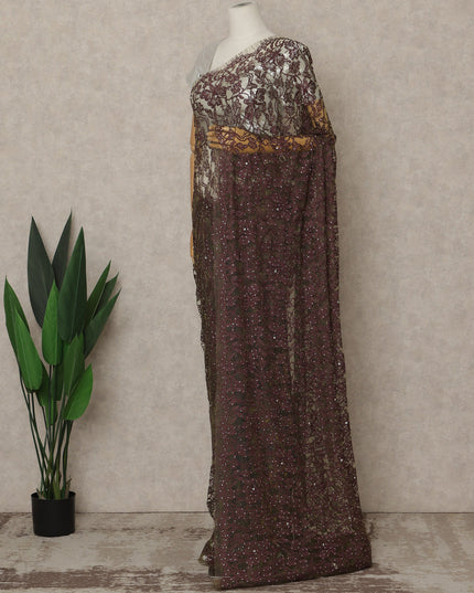 Wine Purple Premium French Chantilly Saree Lace with Stone Work 5.5 Mtrs Length, Width 110 Cms and Made in France-D27157