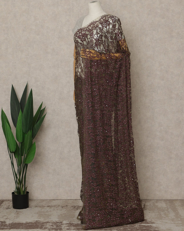 Wine Purple Premium French Chantilly Saree Lace with Stone Work 5.5 Mtrs Length, Width 110 Cms and Made in France-D27157