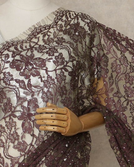 Wine Purple Premium French Chantilly Saree Lace with Stone Work 5.5 Mtrs Length, Width 110 Cms and Made in France-D27157