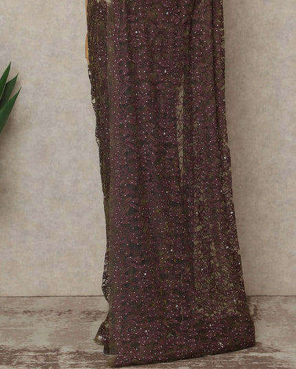 Wine Purple Premium French Chantilly Saree Lace with Stone Work 5.5 Mtrs Length, Width 110 Cms and Made in France-D27157