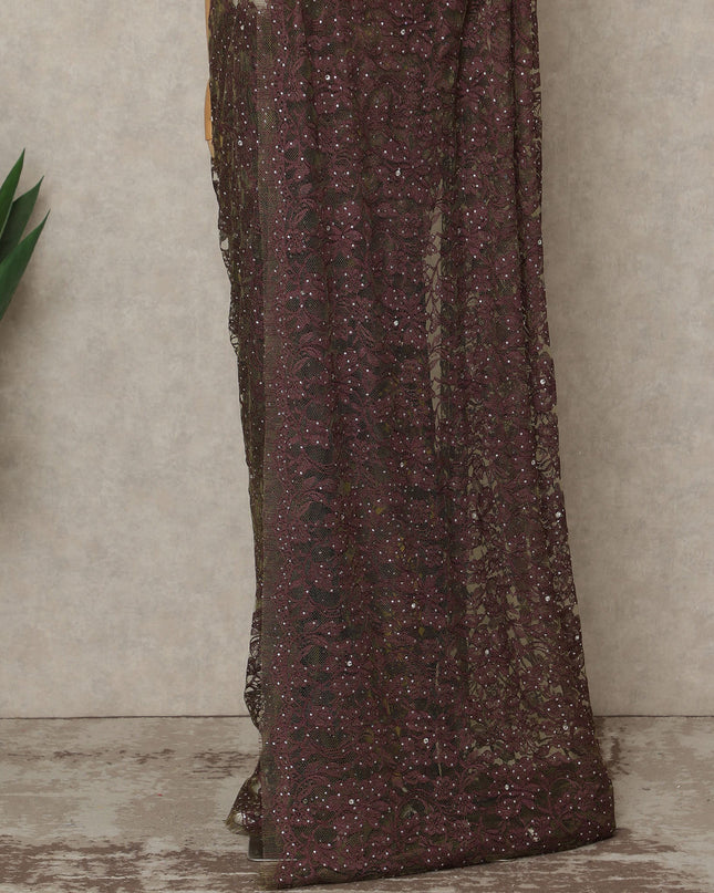 Wine Purple Premium French Chantilly Saree Lace with Stone Work 5.5 Mtrs Length, Width 110 Cms and Made in France-D27157