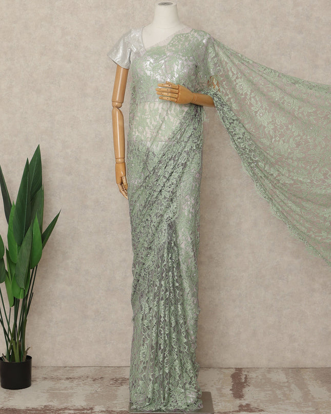 Mint Green Premium French Chantilly Saree Lace With Stone Work 5.5 Mtrs Length 110 Cms Width Designer Net Fabric Made In France, Blouse Not Included-D28107