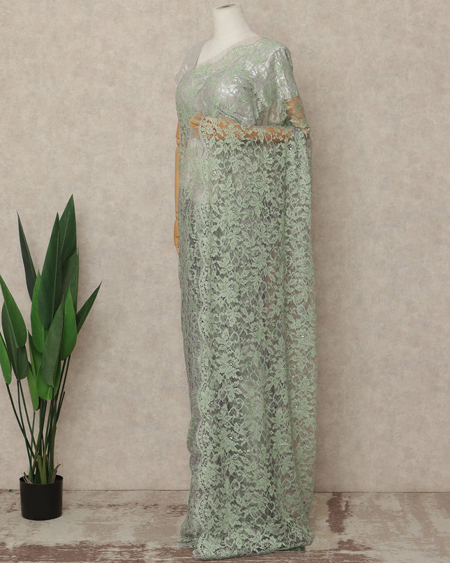 Mint Green Premium French Chantilly Saree Lace With Stone Work 5.5 Mtrs Length 110 Cms Width Designer Net Fabric Made In France, Blouse Not Included-D28107