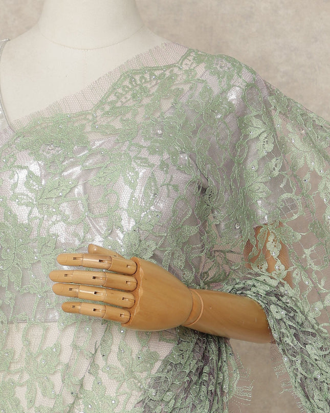 Mint Green Premium French Chantilly Saree Lace With Stone Work 5.5 Mtrs Length 110 Cms Width Designer Net Fabric Made In France, Blouse Not Included-D28107