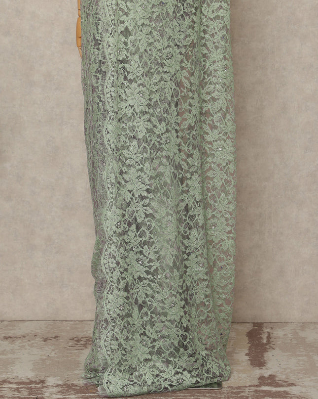 Mint Green Premium French Chantilly Saree Lace With Stone Work 5.5 Mtrs Length 110 Cms Width Designer Net Fabric Made In France, Blouse Not Included-D28107