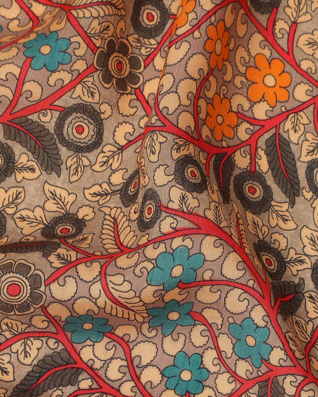 Beige Multicolor Floral Paisley Printed Viscose Fabric Raw Silk Finish Premium Dress Material 110 Cms India-D27338