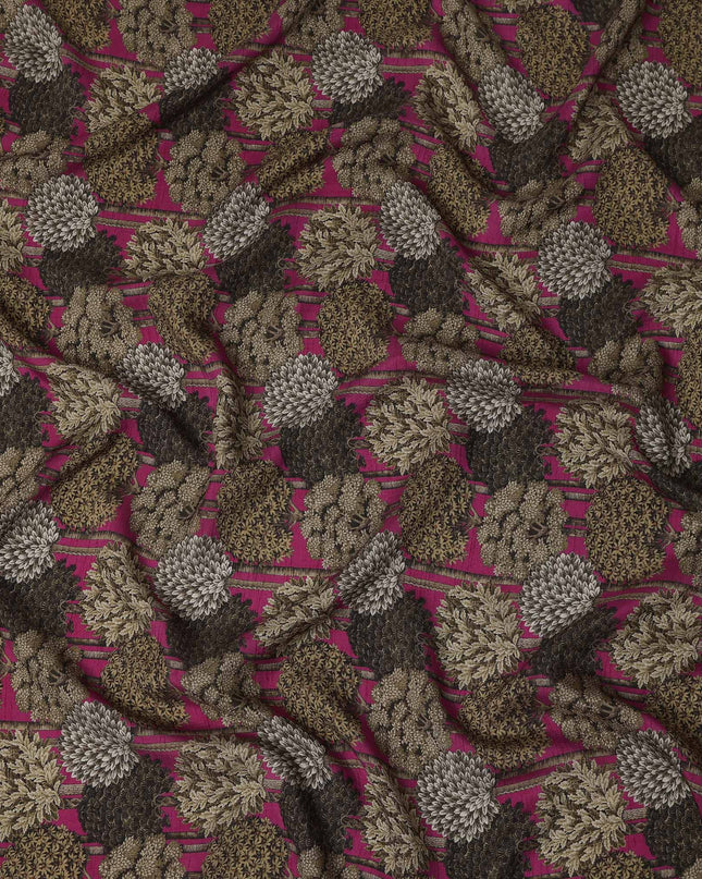 Magenta Beige Botanical Printed Viscose Fabric Raw Silk Finish Elegant Dress Material 110 Cms India-D27333