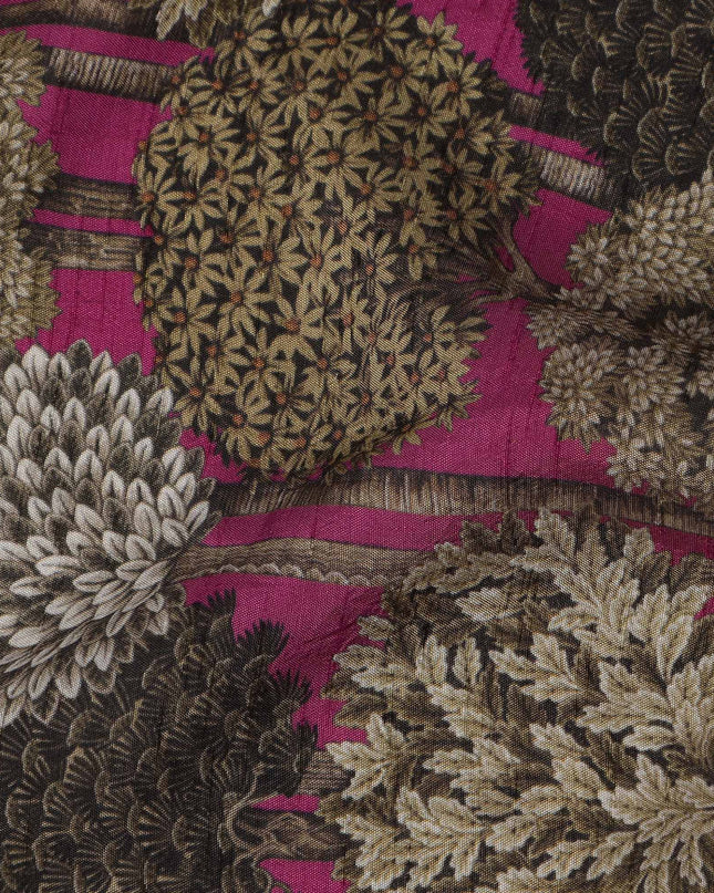 Magenta Beige Botanical Printed Viscose Fabric Raw Silk Finish Elegant Dress Material 110 Cms India-D27333