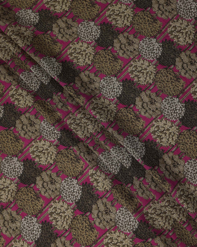 Magenta Beige Botanical Printed Viscose Fabric Raw Silk Finish Elegant Dress Material 110 Cms India-D27333
